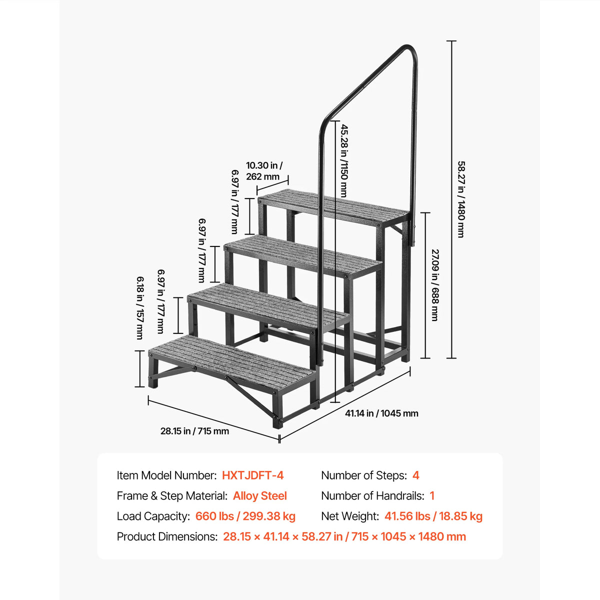 RV Steps with Handrail 300kg, Non-Slip Motorhome Stairs
