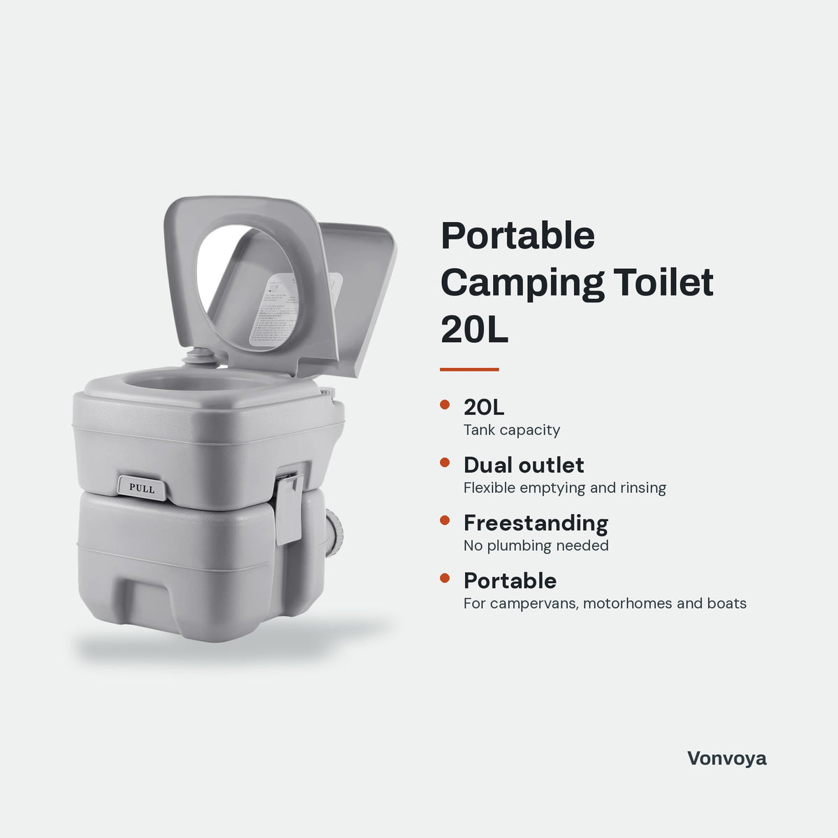Portable Camping Toilet 20L - key features graphic