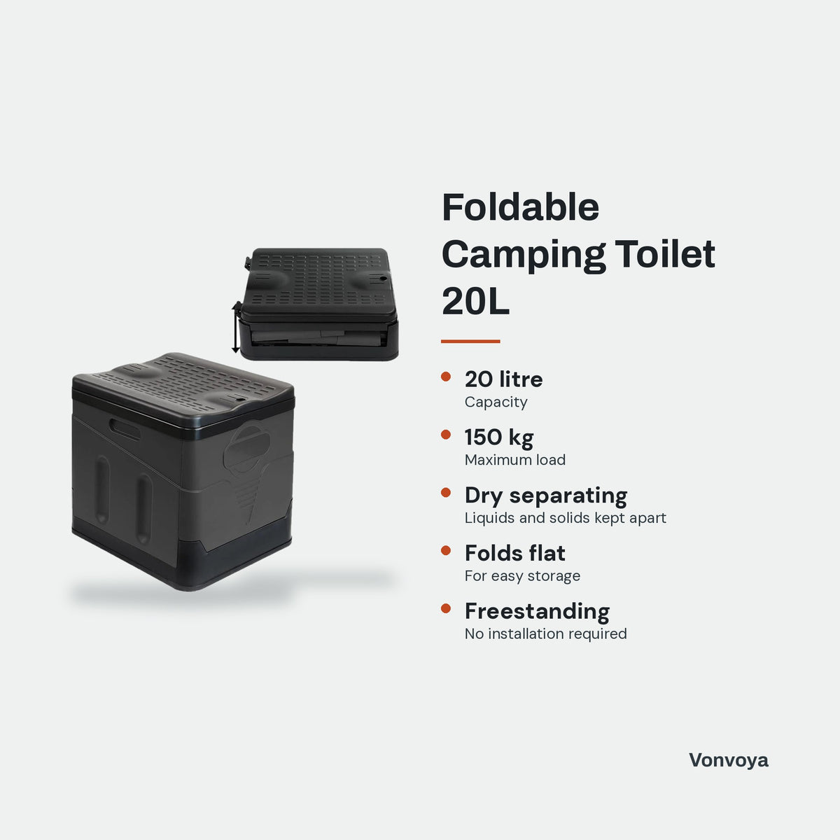 Foldable Camping Toilet 20L - key features graphic