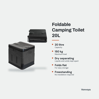 Foldable Camping Toilet 20L - key features graphic