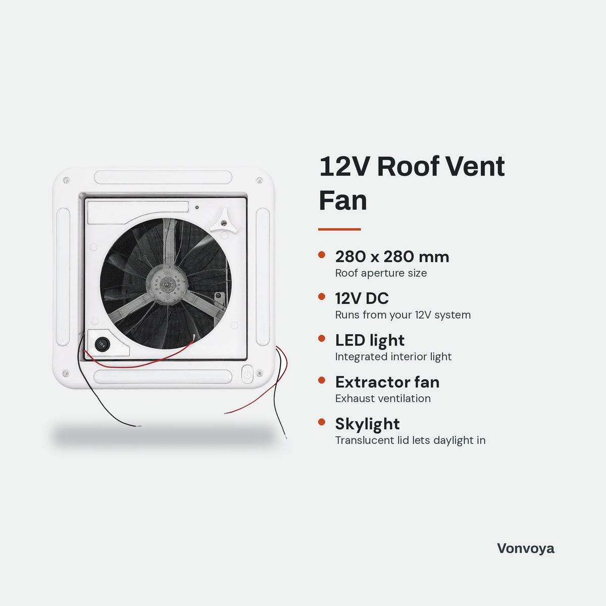 12V Roof Vent Fan 280mm - key features graphic