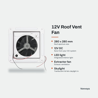 12V Roof Vent Fan 280mm - key features graphic
