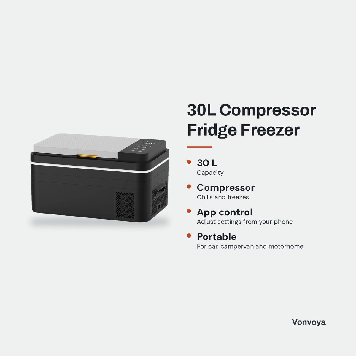 30L Compressor Fridge Freezer - key features graphic