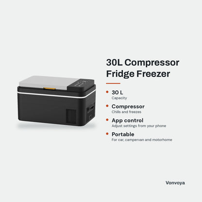 30L Compressor Fridge Freezer - key features graphic