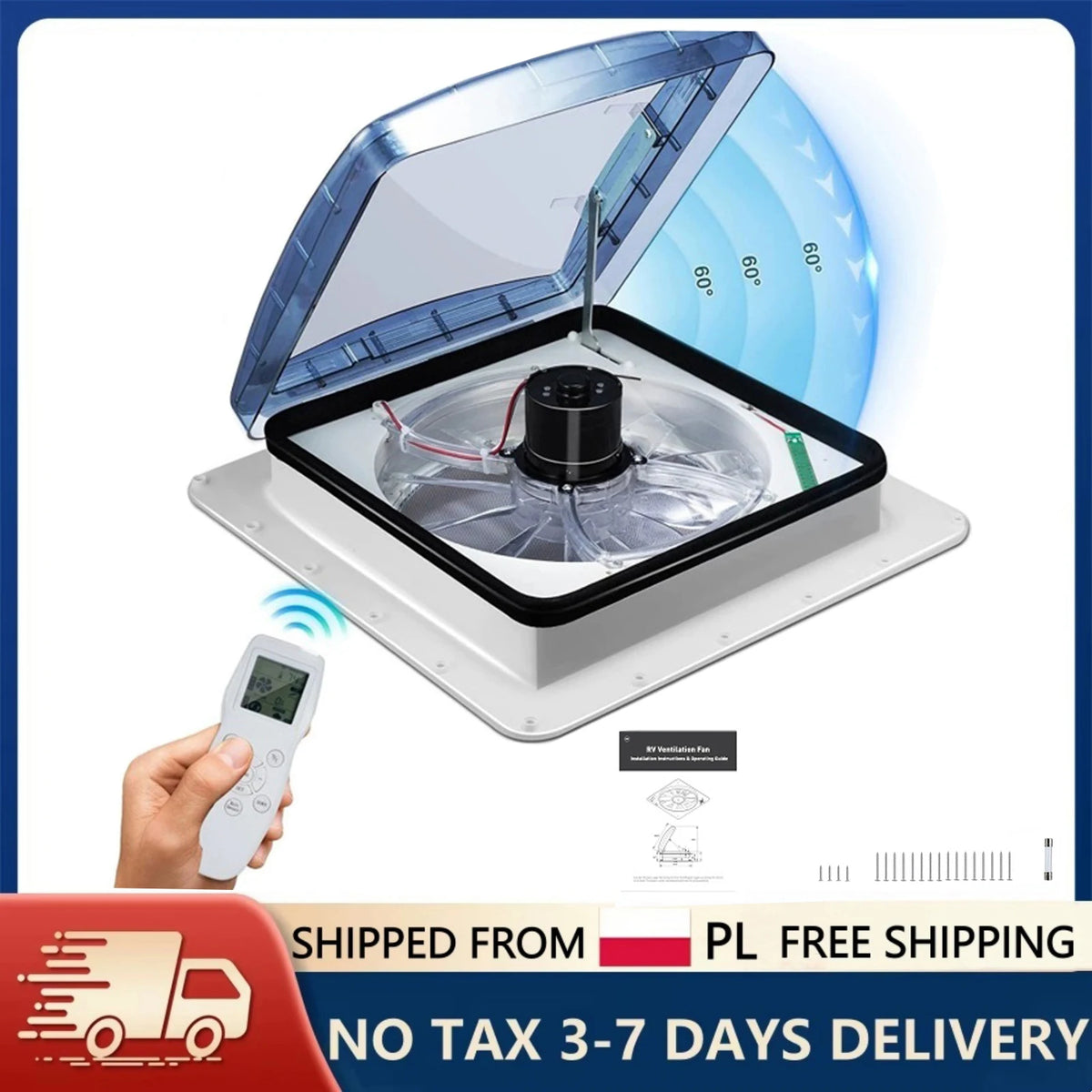 12V Roof Vent Fan 40cm, Rain Sensor, Remote, Motorhome