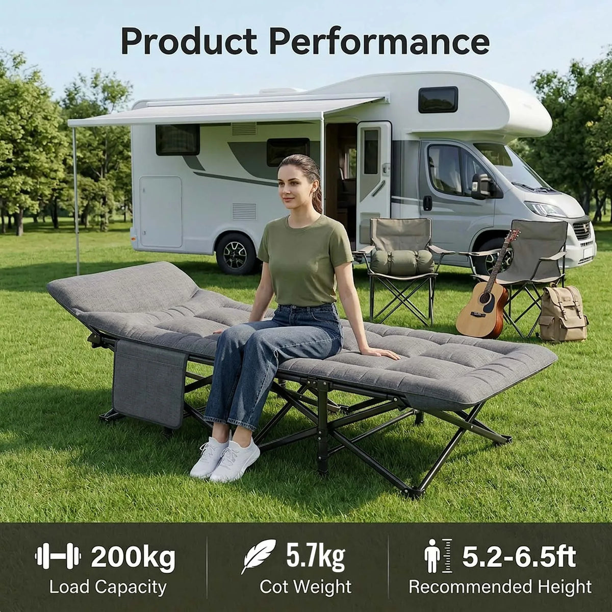 Folding Camping Bed 200kg Steel Frame, Portable Cot, Van