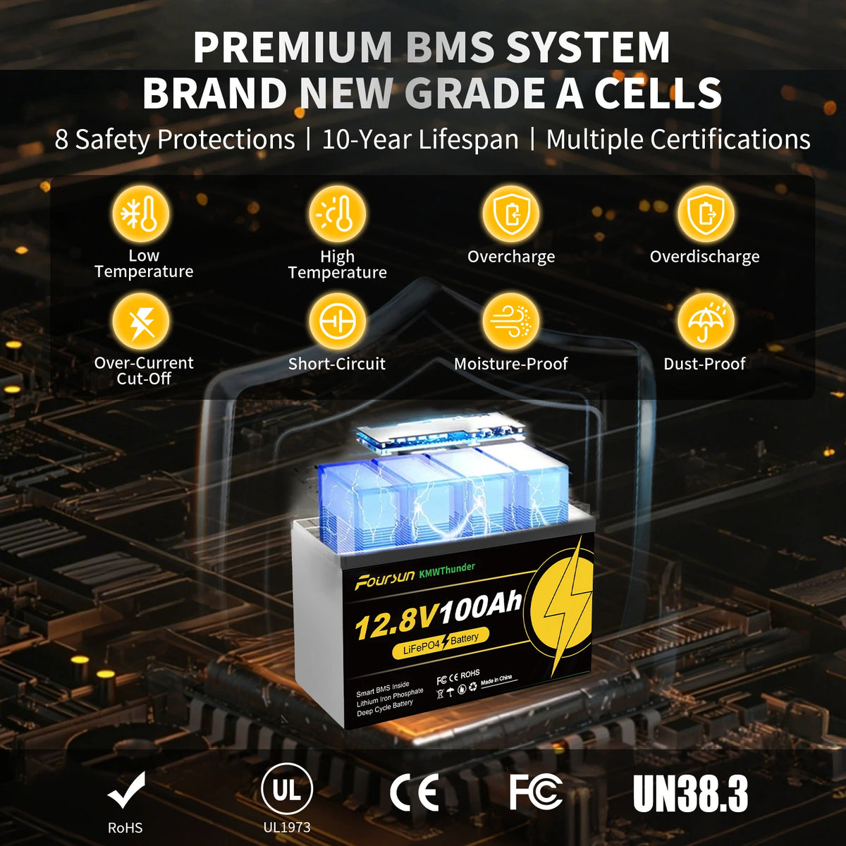 Foursun 12V 100Ah LiFePO4 Leisure Battery 1280Wh, IP67
