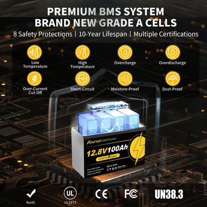 Foursun 12V 100Ah LiFePO4 Leisure Battery 1280Wh, IP67