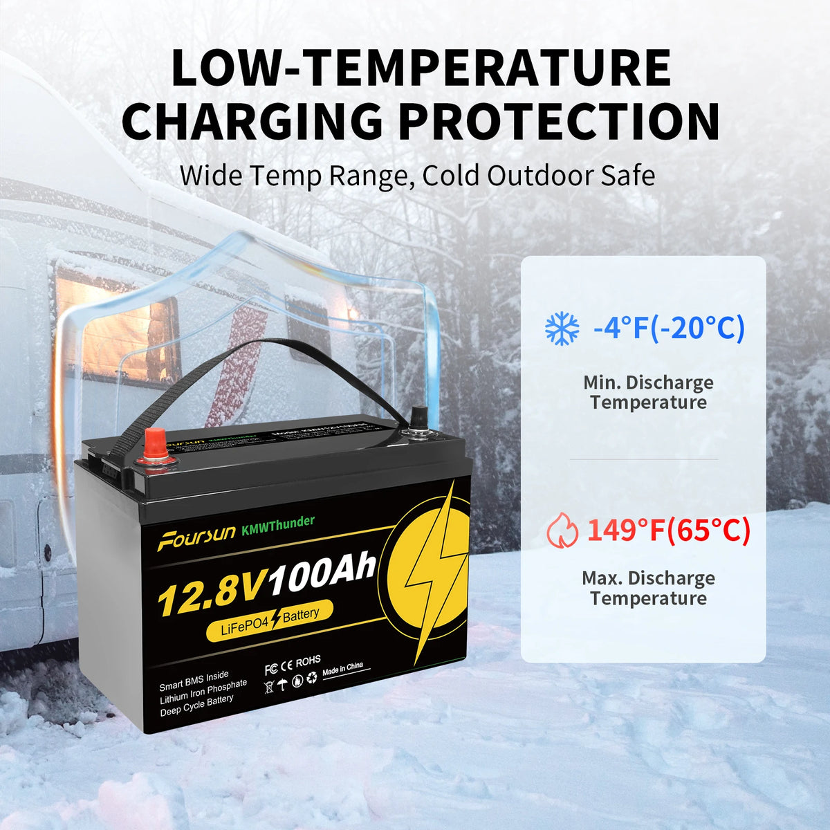 Foursun 12V 100Ah LiFePO4 Leisure Battery 1280Wh, IP67