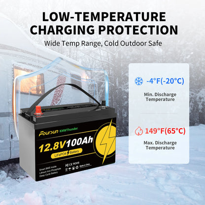 Foursun 12V 100Ah LiFePO4 Leisure Battery 1280Wh, IP67