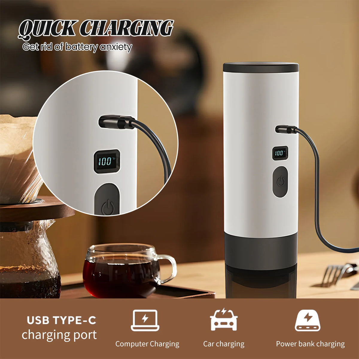 Portable Espresso Maker 20Bar Rechargeable, Capsule, Ground