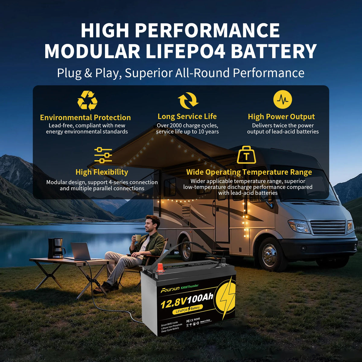 Foursun 12V 100Ah LiFePO4 Leisure Battery 1280Wh, IP67