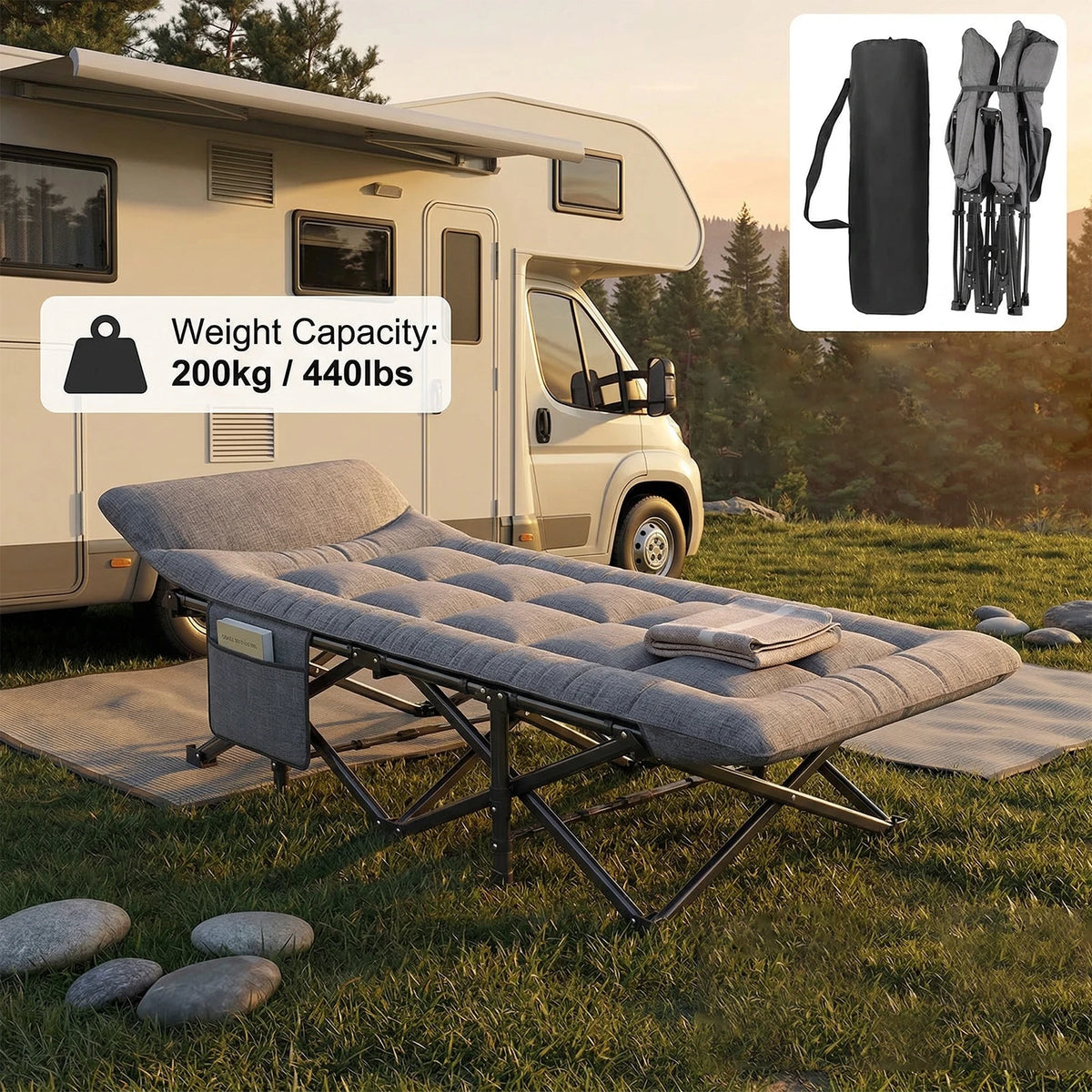 Folding Camping Bed 200kg Steel Frame, Portable Cot, Van