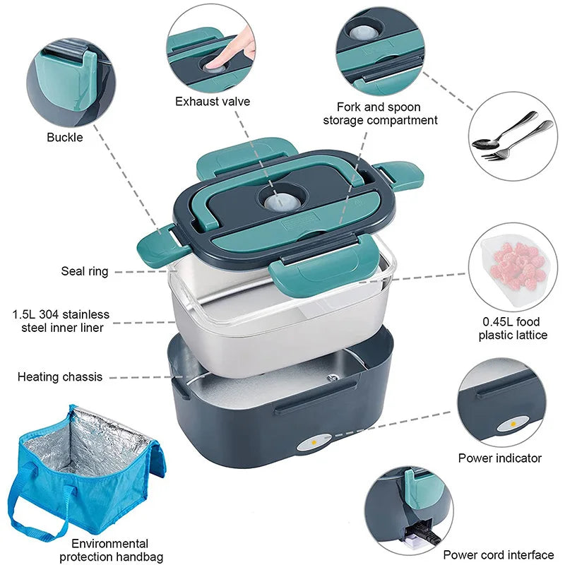 12V Electric Lunch Box 1.5L Food Warmer, Car Van Mains
