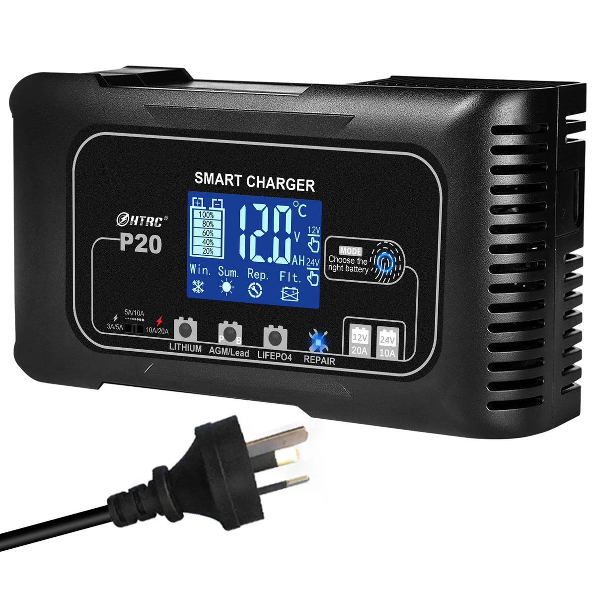 HTRC 20A Smart Battery Charger 12V 24V, LiFePO4 AGM
