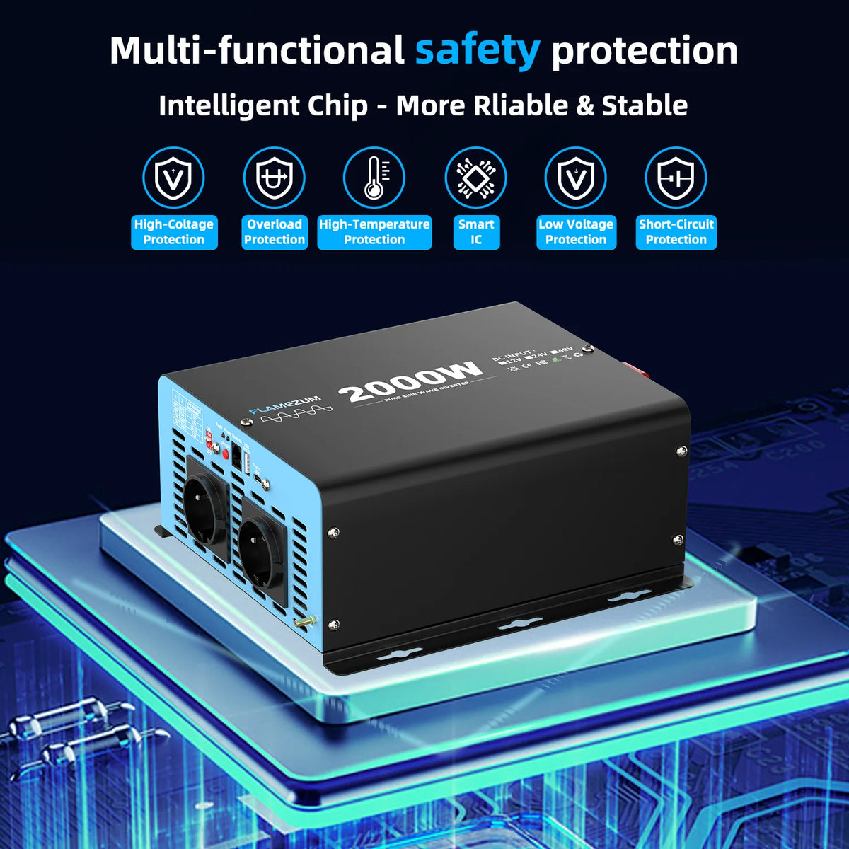 2000W Pure Sine Wave Inverter 12V 230V EU Socket, Van