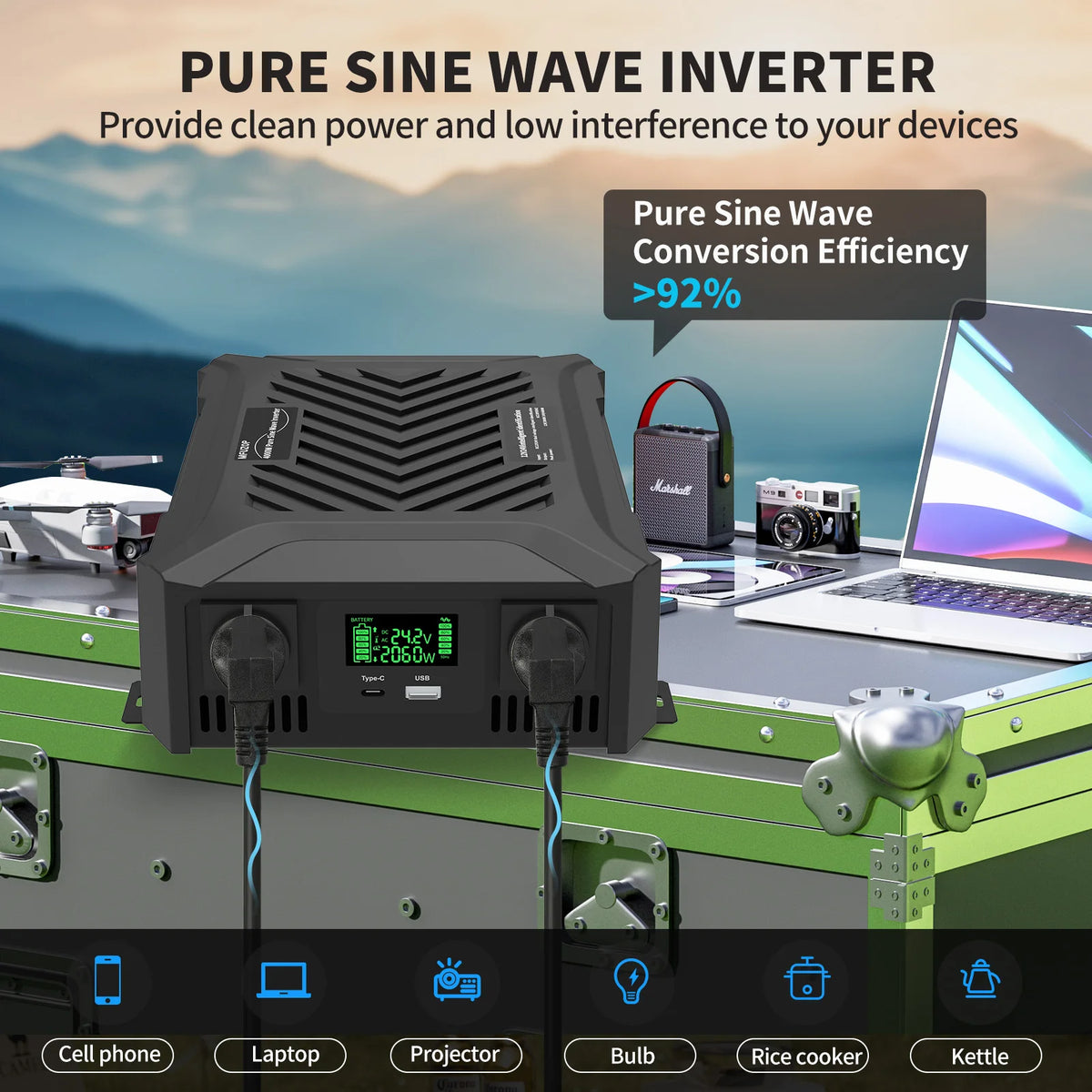 Pure Sine Wave Inverter 12V 1200W or 24V 2300W, Campervan
