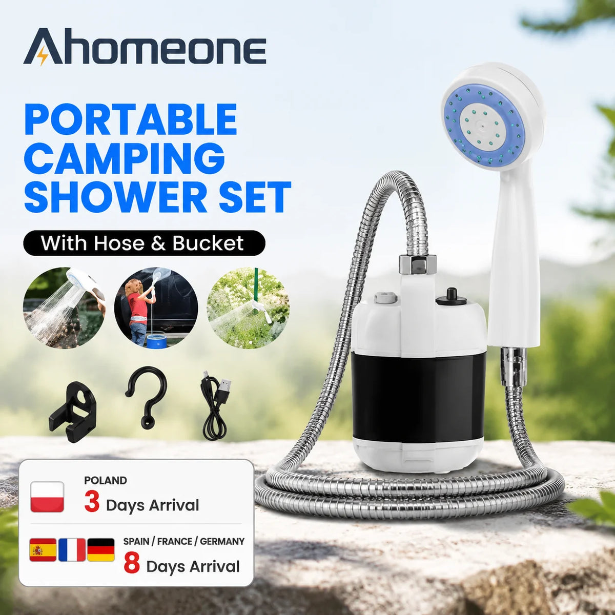 Rechargeable Outdoor Shower 2200mAh USB, Camping Pump