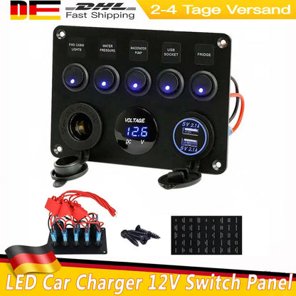5 Gang Switch Panel 12V 24V, USB Voltmeter, Campervan Boat