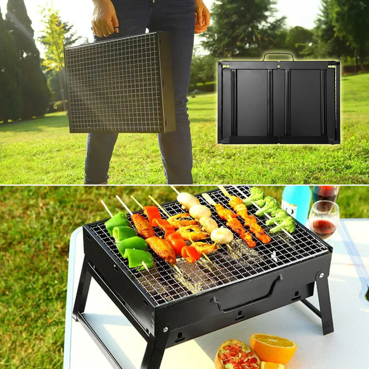 Portable Charcoal BBQ Grill, Folding Cast Iron, Camping