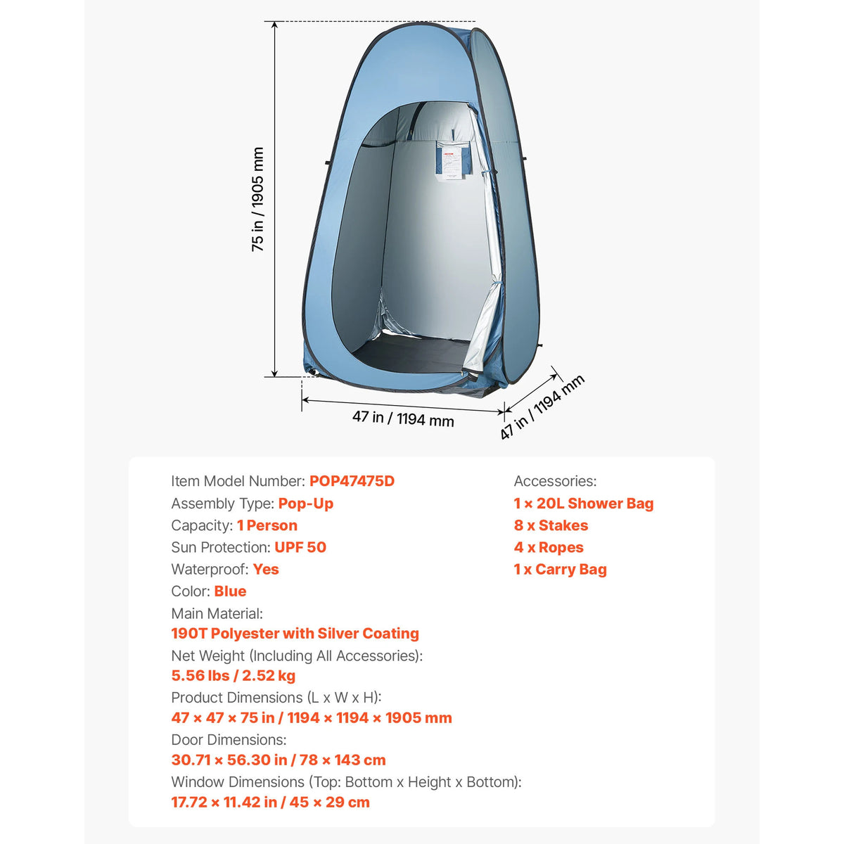 Pop-Up Shower Tent UPF 50, Privacy Changing Room Camping