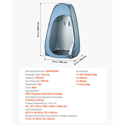 Pop-Up Shower Tent UPF 50, Privacy Changing Room Camping