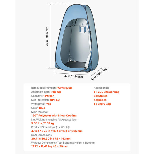 Pop-Up Shower Tent UPF 50, Privacy Changing Room Camping