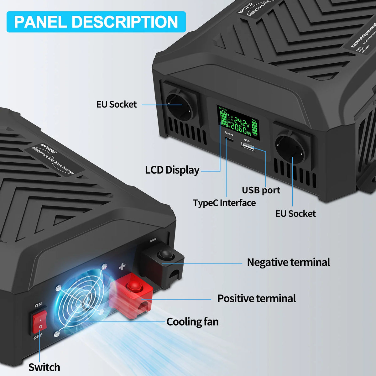 Pure Sine Wave Inverter 12V 1200W or 24V 2300W, Campervan