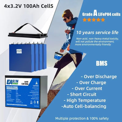 EASUN 12V 100Ah LiFePO4 Battery, 100A BMS, RV Solar
