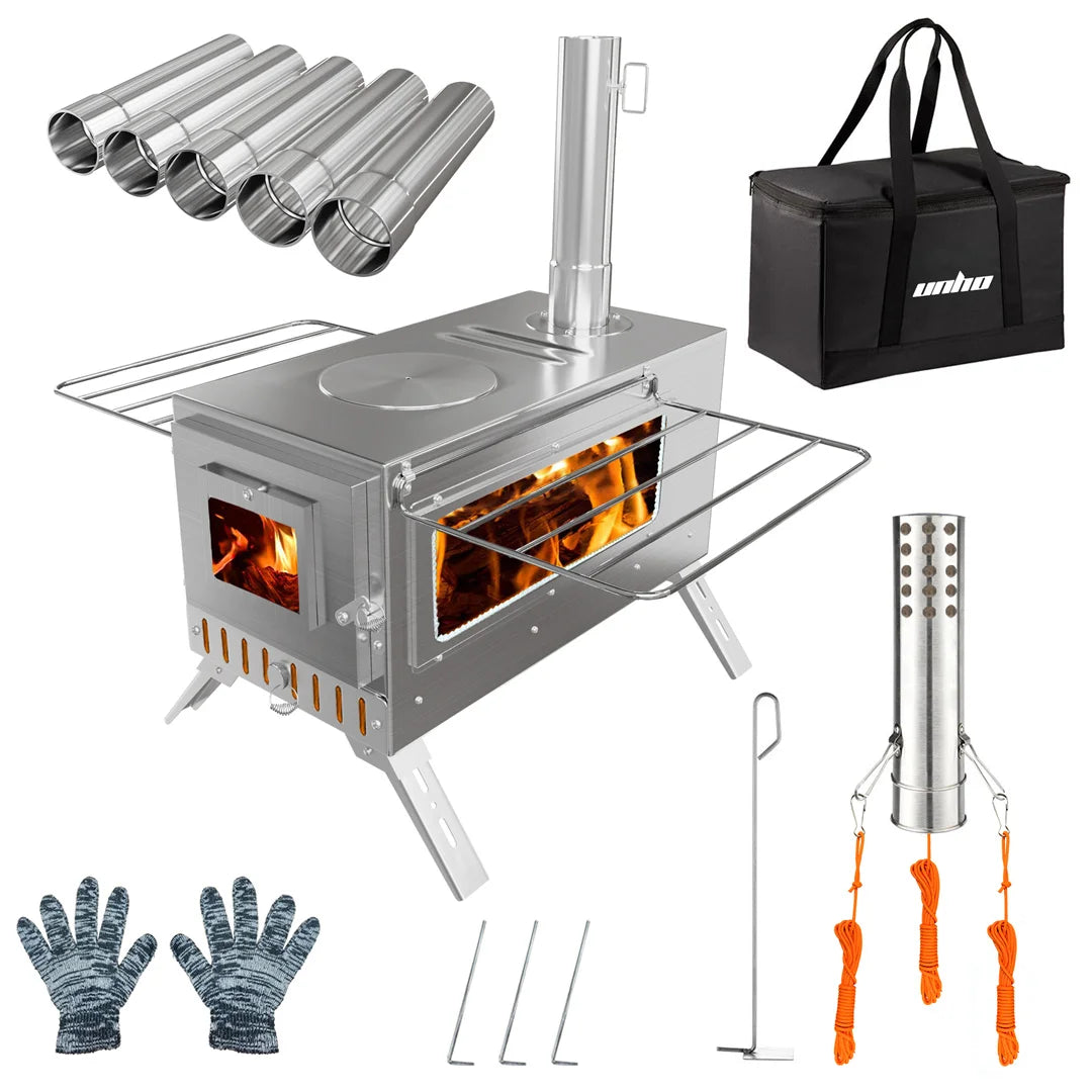 Wood Burning Tent Stove, Stainless Steel with Chimney