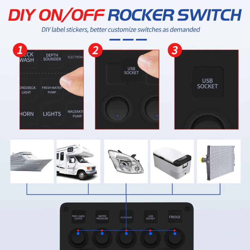 5 Gang Switch Panel 12V 24V, USB Voltmeter, Campervan Boat