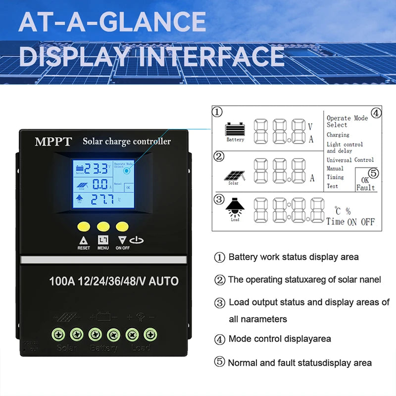 MPPT Solar Charge Controller 40A, 12V 24V 48V, LCD, USB