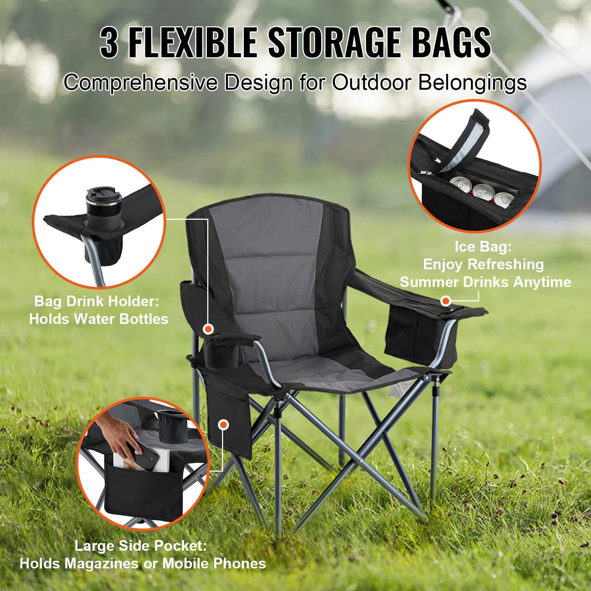 Padded Folding Camping Chair, Pockets, 600D Oxford, 350lb