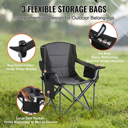 Padded Folding Camping Chair, Pockets, 600D Oxford, 350lb
