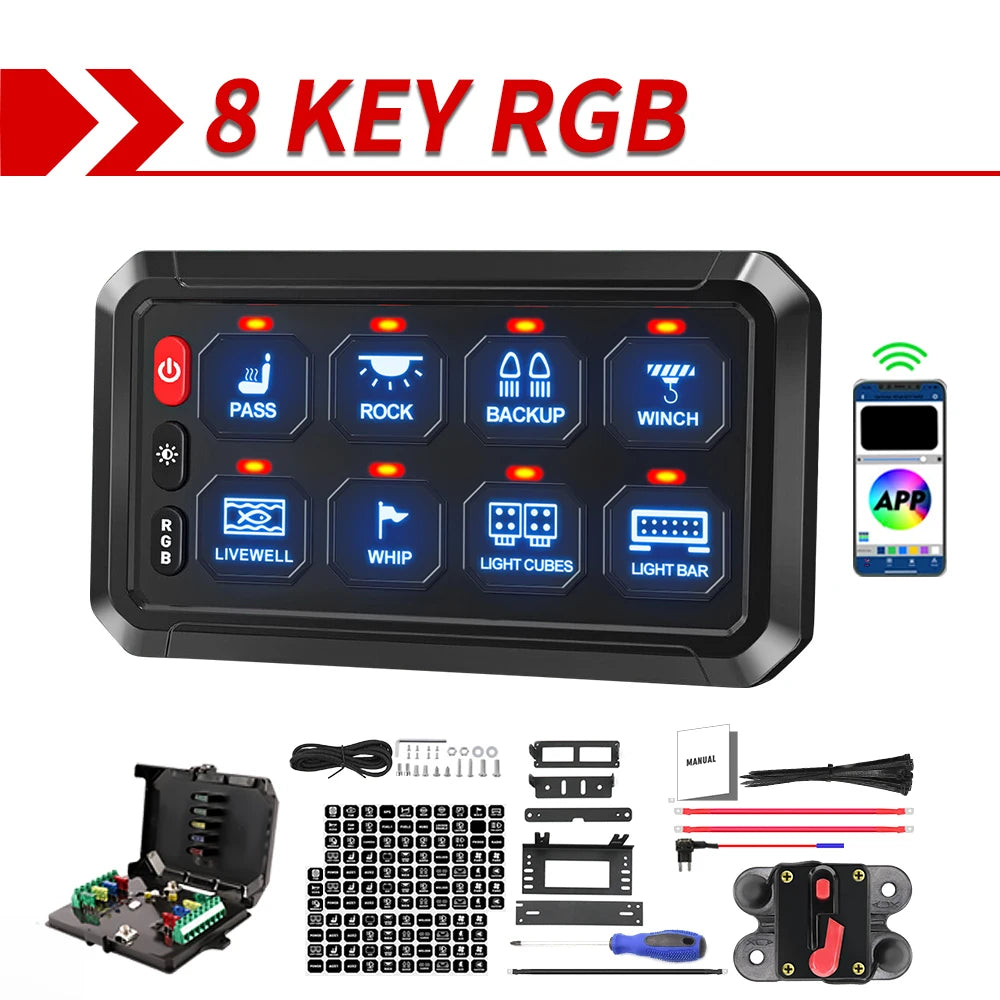 8 Gang Switch Panel with App 12V 60A, Campervan Boat Relay
