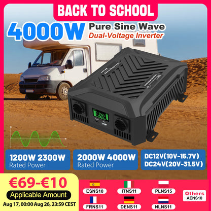 Pure Sine Wave Inverter 12V 1200W or 24V 2300W, Campervan