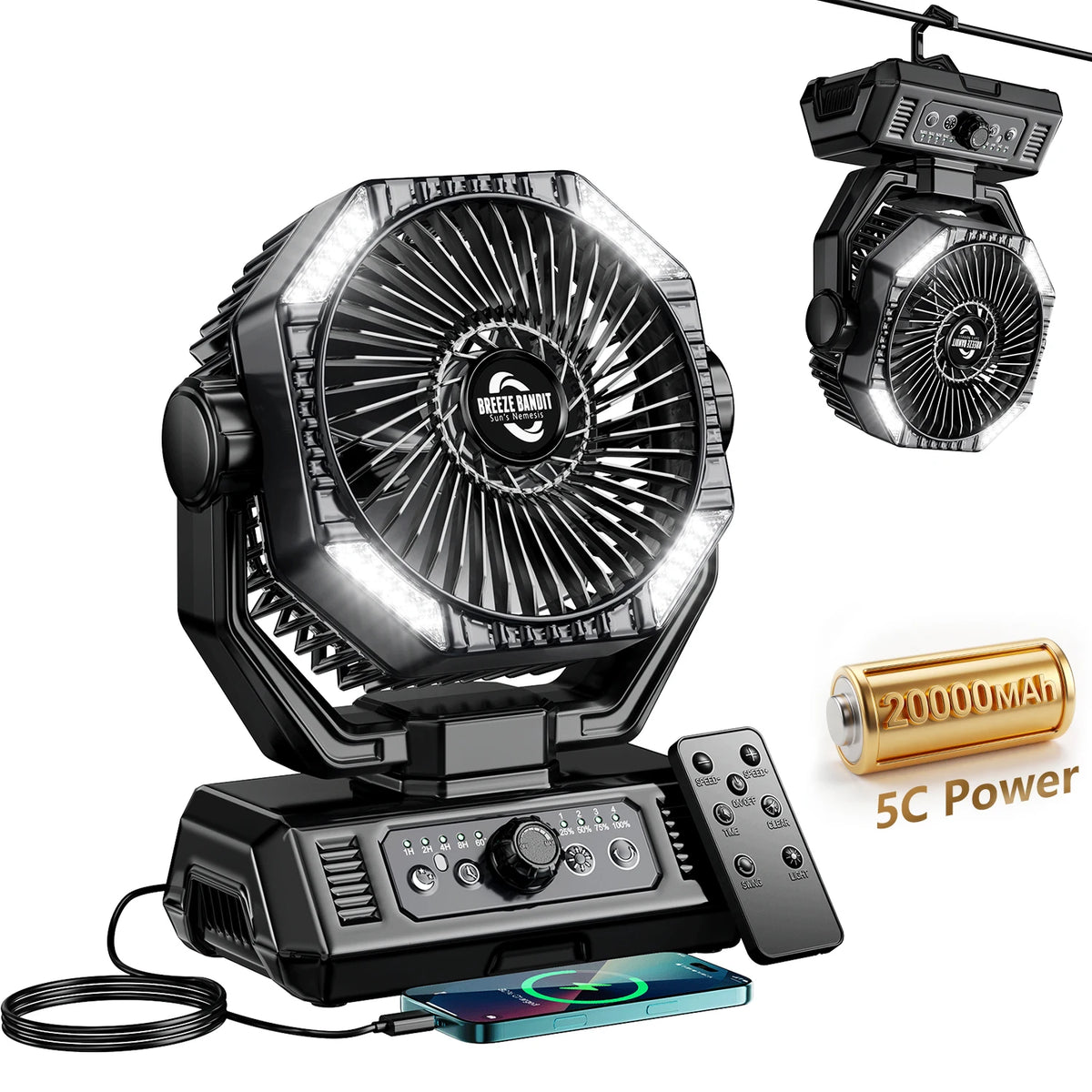 Rechargeable Camping Fan 20000mAh, LED Light, Remote
