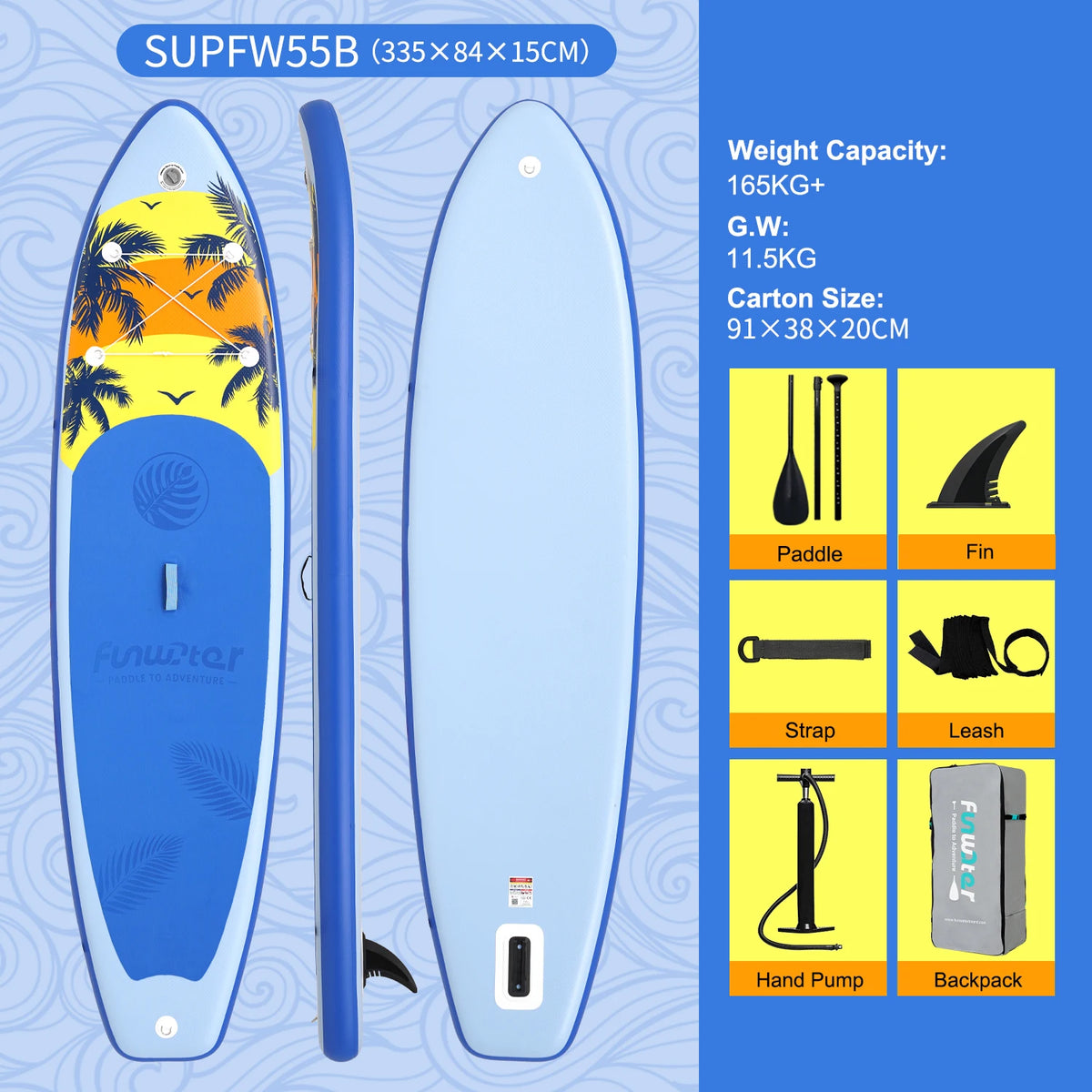 Inflatable Stand Up Paddle Board SUP 335cm, 165kg Load