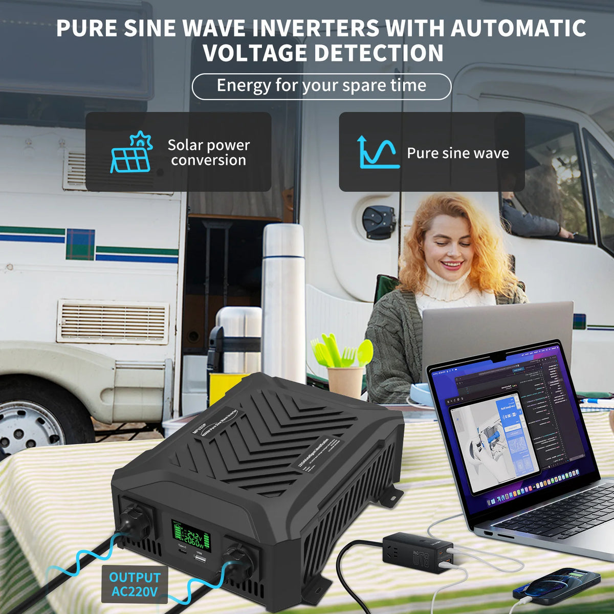 Pure Sine Wave Inverter 12V 1200W or 24V 2300W, Campervan