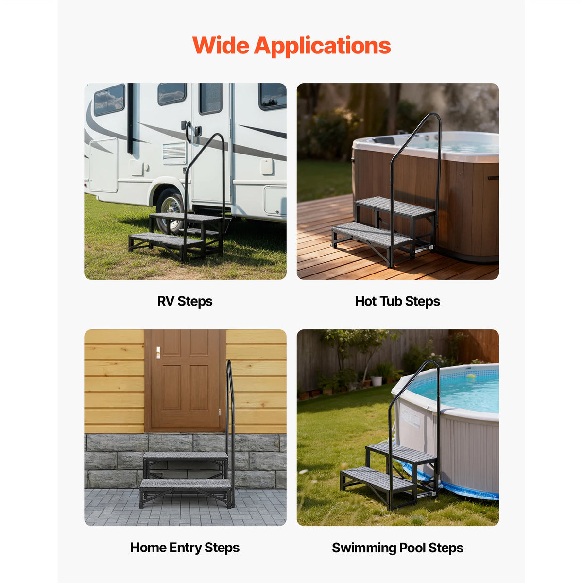 RV Steps with Handrail 300kg, Non-Slip Motorhome Stairs