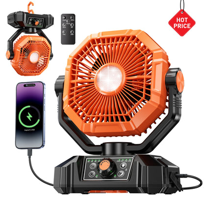 Rechargeable Camping Fan 20000mAh, LED Light, Remote