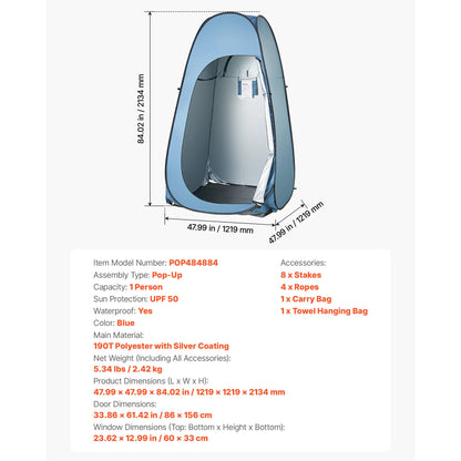 Pop-Up Shower Tent UPF 50, Privacy Changing Room Camping