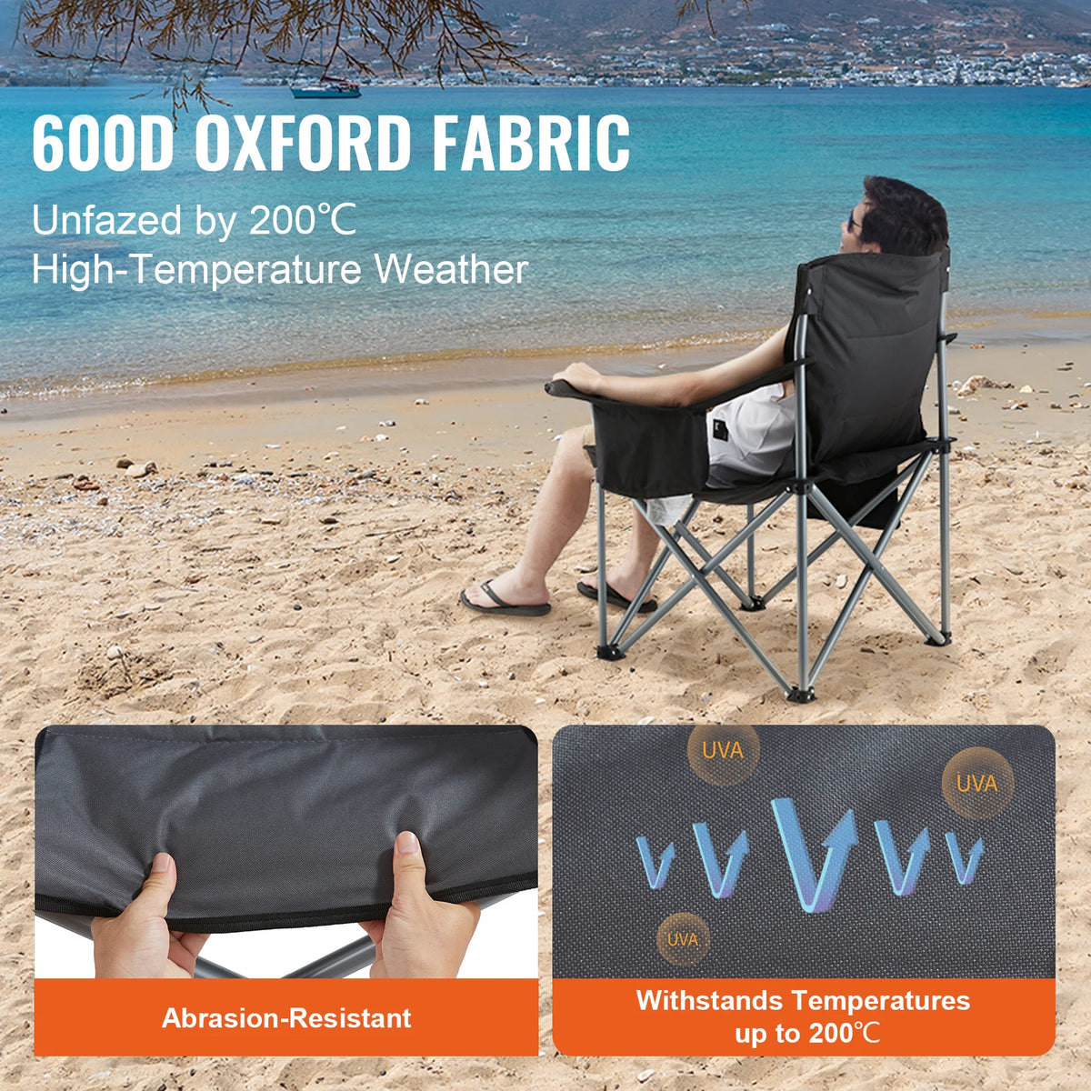 Padded Folding Camping Chair, Pockets, 600D Oxford, 350lb