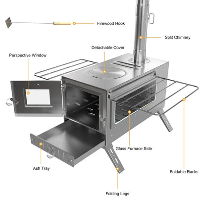 Wood Burning Tent Stove, Stainless Steel with Chimney