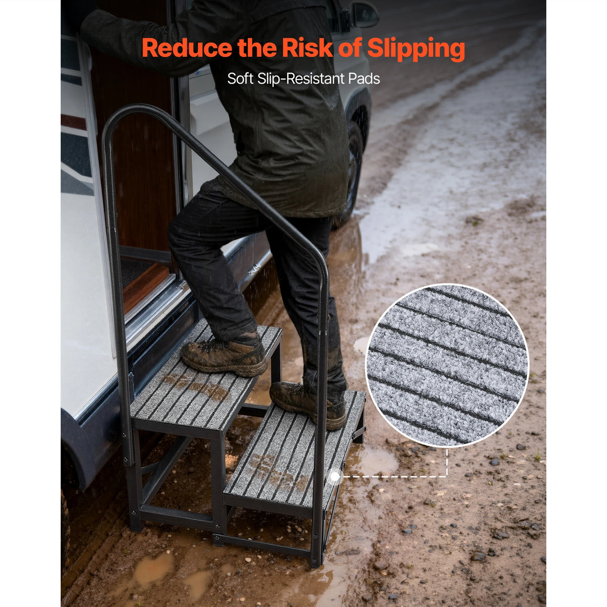 RV Steps with Handrail 300kg, Non-Slip Motorhome Stairs