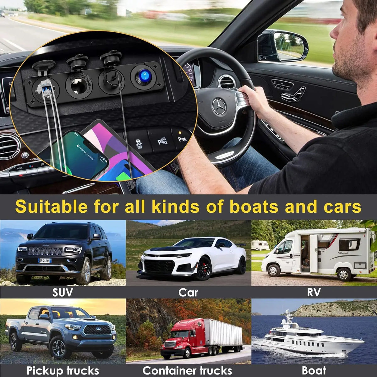 5 Gang Switch Panel 12V 24V, USB Voltmeter, Campervan Boat