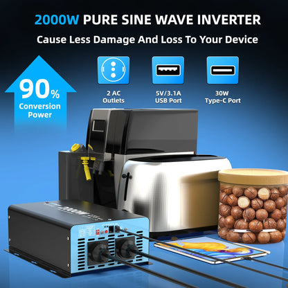 2000W Pure Sine Wave Inverter 12V 230V EU Socket, Van