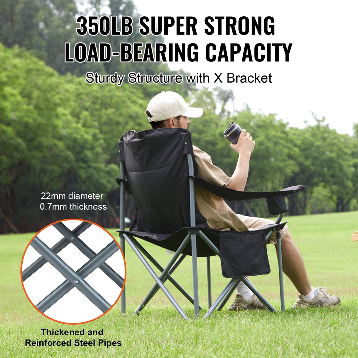 Padded Folding Camping Chair, Pockets, 600D Oxford, 350lb