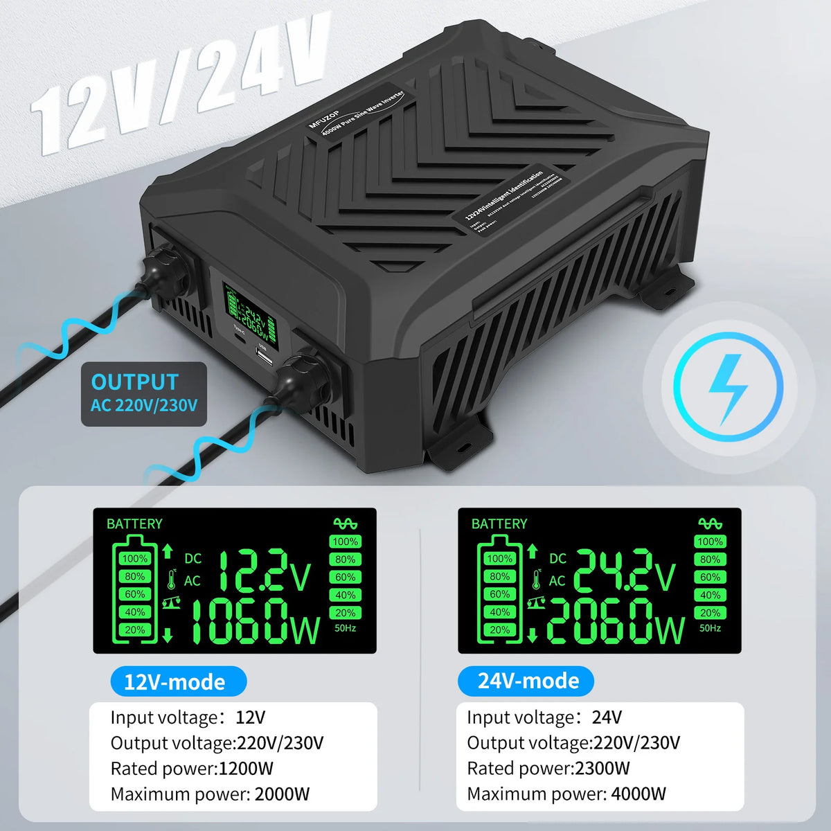 Pure Sine Wave Inverter 12V 1200W or 24V 2300W, Campervan