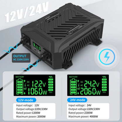 Pure Sine Wave Inverter 12V 1200W or 24V 2300W, Campervan